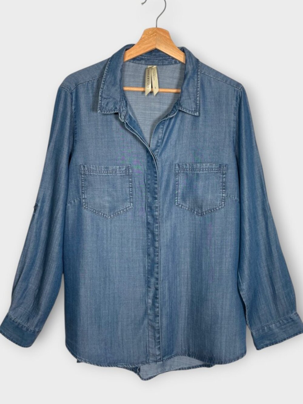 Liverpool Chambray Button Down Shirt L Blue Denim Light Weight Roll Tab Sleeve